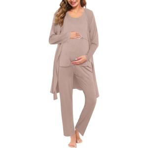 SWOMOG Maternity Nursing Robe Set 3 PCS Women Postpartum Pajamas Breastfeeding Labor Delivery Hospital Pregnancy Pjs(Light Brown)