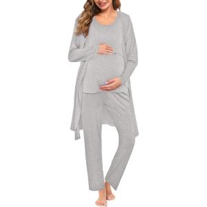 SWOMOG Maternity Nursing Robe Set 3 PCS Women Postpartum Pajamas Breastfeeding Labor Delivery Hospital Pregnancy Pjs(Light Grey)