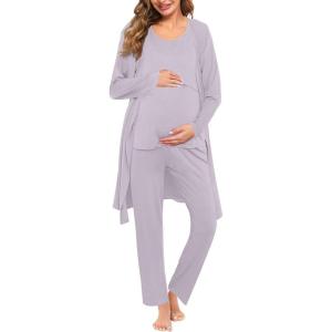 SWOMOG Maternity Nursing Robe Set 3 PCS Women Postpartum Pajamas Breastfeeding Labor Delivery Hospital Pregnancy Pjs(Lilac Purple)