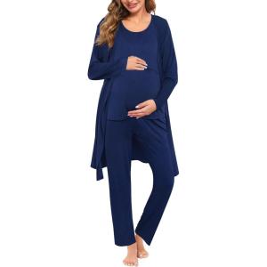 SWOMOG Maternity Nursing Robe Set 3 PCS Women Postpartum Pajamas Breastfeeding Labor Delivery Hospital Pregnancy Pjs(Navy Blue)