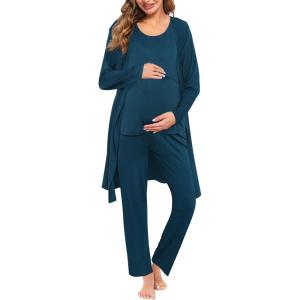 SWOMOG Maternity Nursing Robe Set 3 PCS Women Postpartum Pajamas Breastfeeding Labor Delivery Hospital Pregnancy Pjs(Oxford Blue)