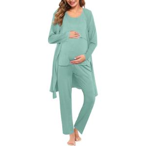 SWOMOG Maternity Nursing Robe Set 3 PCS Women Postpartum Pajamas Breastfeeding Labor Delivery Hospital Pregnancy Pjs(Sage Green)