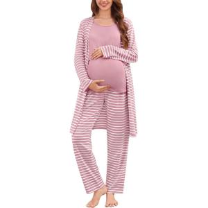 SWOMOG Maternity Nursing Robe Set 3 PCS Women Postpartum Pajamas Breastfeeding Labor Delivery Hospital Pregnancy Pjs(Taro Purple Striped)