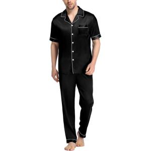 SWOMOG Mens Satin Pajama Set Short Sleeve Classic Sleepwear Button Down Silky Loungewear with Long Pants(Black)