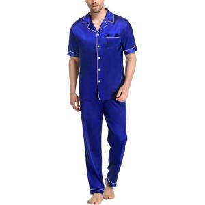 SWOMOG Mens Satin Pajama Set Short Sleeve Classic Sleepwear Button Down Silky Loungewear with Long Pants(Blue)