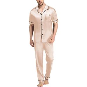 SWOMOG Mens Satin Pajama Set Short Sleeve Classic Sleepwear Button Down Silky Loungewear with Long Pants(Champagne)