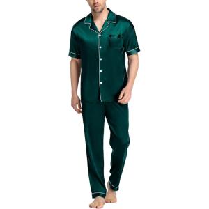 SWOMOG Mens Satin Pajama Set Short Sleeve Classic Sleepwear Button Down Silky Loungewear with Long Pants(Dark Forest Green)