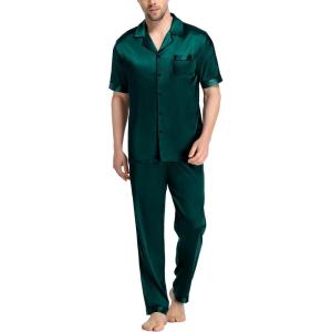 SWOMOG Mens Satin Pajama Set Short Sleeve Classic Sleepwear Button Down Silky Loungewear with Long Pants(Deep Green)