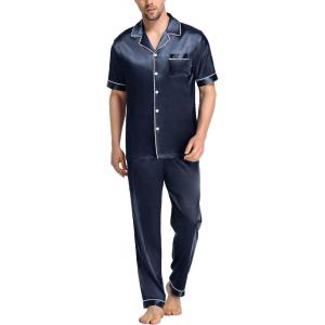 SWOMOG Mens Satin Pajama Set Short Sleeve Classic Sleepwear Button Down Silky Loungewear with Long Pants(Deep Grey)