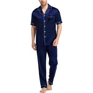 SWOMOG Mens Satin Pajama Set Short Sleeve Classic Sleepwear Button Down Silky Loungewear with Long Pants(Deep Navy Blue)