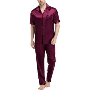 SWOMOG Mens Satin Pajama Set Short Sleeve Classic Sleepwear Button Down Silky Loungewear with Long Pants(Deep Wine Red)