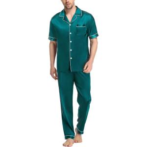 SWOMOG Mens Satin Pajama Set Short Sleeve Classic Sleepwear Button Down Silky Loungewear with Long Pants(Green)