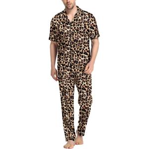 SWOMOG Mens Satin Pajama Set Short Sleeve Classic Sleepwear Button Down Silky Loungewear with Long Pants(Leopard Print)