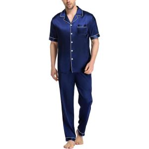 SWOMOG Mens Satin Pajama Set Short Sleeve Classic Sleepwear Button Down Silky Loungewear with Long Pants(Navy Blue)