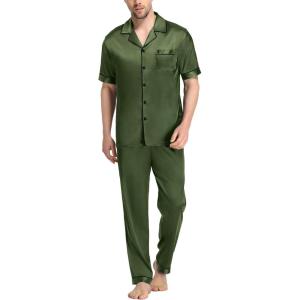SWOMOG Mens Satin Pajama Set Short Sleeve Classic Sleepwear Button Down Silky Loungewear with Long Pants(Olive Green)