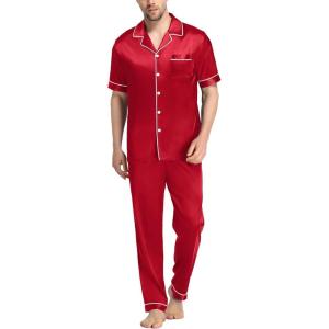 SWOMOG Mens Satin Pajama Set Short Sleeve Classic Sleepwear Button Down Silky Loungewear with Long Pants(Red)