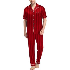 SWOMOG Mens Satin Pajama Set Short Sleeve Classic Sleepwear Button Down Silky Loungewear with Long Pants(Red Stripes)