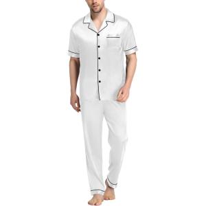 SWOMOG Mens Satin Pajama Set Short Sleeve Classic Sleepwear Button Down Silky Loungewear with Long Pants(White)
