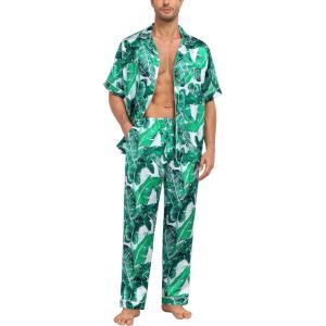 SWOMOG Mens Satin Pajama Set Short Sleeve Classic Sleepwear Button Down Silky Loungewear with Long Pants(White Leaves)
