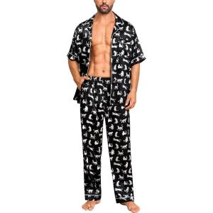 SWOMOG Mens Satin Pajama Set Short Sleeve Classic Sleepwear Button Down Silky Loungewear with Long Pants(White Leopard Print)