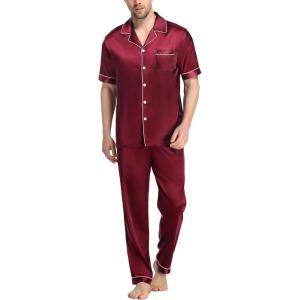 SWOMOG Mens Satin Pajama Set Short Sleeve Classic Sleepwear Button Down Silky Loungewear with Long Pants(Wine Red)