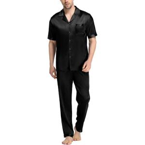 SWOMOG Mens Satin Pajama Set Short Sleeve Classic Sleepwear Button Down Silky Loungewear with Long Pants(Z – Solid Black – With Drawstrings)