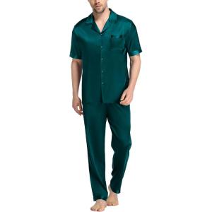 SWOMOG Mens Satin Pajama Set Short Sleeve Classic Sleepwear Button Down Silky Loungewear with Long Pants(Z – Solid Deep Green – With Drawstrings)