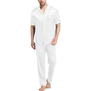 SWOMOG Mens Satin Pajama Set Short Sleeve Classic Sleepwear Button Down Silky Loungewear with Long Pants(Z – Solid White – With Drawstrings)