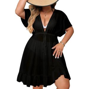 SWOMOG Plus Size Women Swimsuit Cover Up V Neck Short Sleeve Beachwear Bikini Bathing Suit Cover Summer Beach Dress(Black)