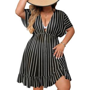 SWOMOG Plus Size Women Swimsuit Cover Up V Neck Short Sleeve Beachwear Bikini Bathing Suit Cover Summer Beach Dress(Black Stripe)