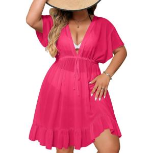 SWOMOG Plus Size Women Swimsuit Cover Up V Neck Short Sleeve Beachwear Bikini Bathing Suit Cover Summer Beach Dress(Rose Red)
