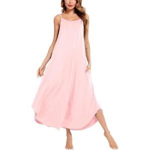 SWOMOG Women Long Nightgown Pajama Dress Soft Strap Nightdress Summer Sleeveless Nightshirt Lounge Dress with Pockets(Pink)
