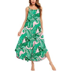 SWOMOG Women Long Nightgown Pajama Dress Soft Strap Nightdress Summer Sleeveless Nightshirt Lounge Dress with Pockets(Pink Leaves)
