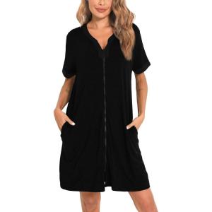 SWOMOG Women Zipper Front House Coat Short Sleeves Robe Zip up Bathrobes Short Nightgown with Pockets S-3XL(A- Black Black Trim)