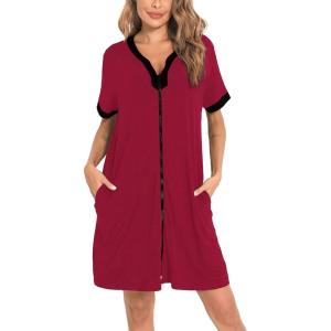 SWOMOG Women Zipper Front House Coat Short Sleeves Robe Zip up Bathrobes Short Nightgown with Pockets S-3XL(A- Wine Red)