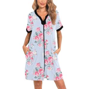 SWOMOG Women Zipper Front House Coat Short Sleeves Robe Zip up Bathrobes Short Nightgown with Pockets S-3XL(Blue Flower)