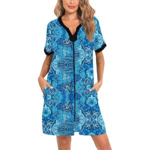 SWOMOG Women Zipper Front House Coat Short Sleeves Robe Zip up Bathrobes Short Nightgown with Pockets S-3XL(Blue Paisle)