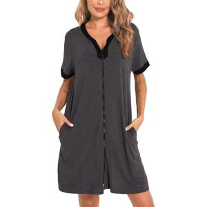 SWOMOG Women Zipper Front House Coat Short Sleeves Robe Zip up Bathrobes Short Nightgown with Pockets S-3XL(Deep Grey)