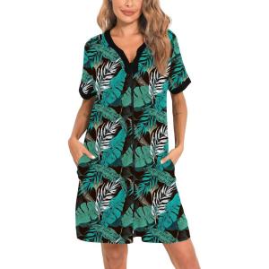 SWOMOG Women Zipper Front House Coat Short Sleeves Robe Zip up Bathrobes Short Nightgown with Pockets S-3XL(Green Leaves)
