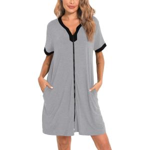 SWOMOG Women Zipper Front House Coat Short Sleeves Robe Zip up Bathrobes Short Nightgown with Pockets S-3XL(Grey)