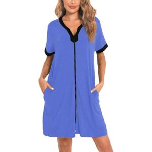 SWOMOG Women Zipper Front House Coat Short Sleeves Robe Zip up Bathrobes Short Nightgown with Pockets S-3XL(Lavender)