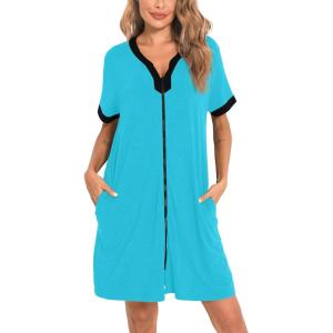SWOMOG Women Zipper Front House Coat Short Sleeves Robe Zip up Bathrobes Short Nightgown with Pockets S-3XL(Peacock Blue)