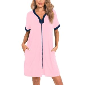 SWOMOG Women Zipper Front House Coat Short Sleeves Robe Zip up Bathrobes Short Nightgown with Pockets S-3XL(Pink)