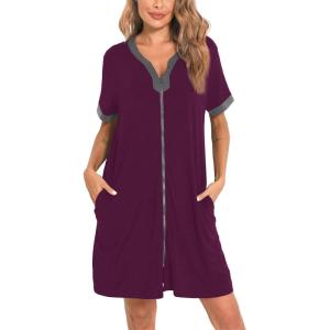 SWOMOG Women Zipper Front House Coat Short Sleeves Robe Zip up Bathrobes Short Nightgown with Pockets S-3XL(Wineberry)