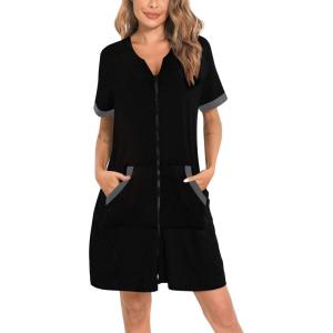 SWOMOG Women Zipper Front House Coat Short Sleeves Robe Zip up Bathrobes Short Nightgown with Pockets S-3XL(Z-black)
