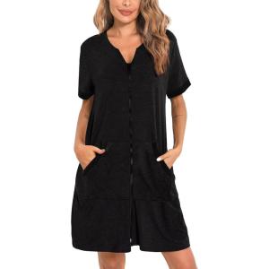 SWOMOG Women Zipper Front House Coat Short Sleeves Robe Zip up Bathrobes Short Nightgown with Pockets S-3XL(Z-black Grey)