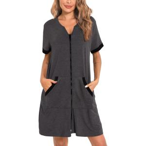 SWOMOG Women Zipper Front House Coat Short Sleeves Robe Zip up Bathrobes Short Nightgown with Pockets S-3XL(Z-deep Grey)