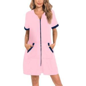 SWOMOG Women Zipper Front House Coat Short Sleeves Robe Zip up Bathrobes Short Nightgown with Pockets S-3XL(Z-pink)