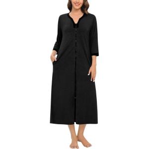 SWOMOG Women Zipper Robe Long Housecoat Zip Up Bathrobes Full Length Nightgown Loungewear with Pockets S-3XL(Black Dark Gray)