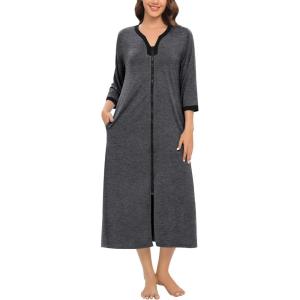 SWOMOG Women Zipper Robe Long Housecoat Zip Up Bathrobes Full Length Nightgown Loungewear with Pockets S-3XL(Deep Grey)